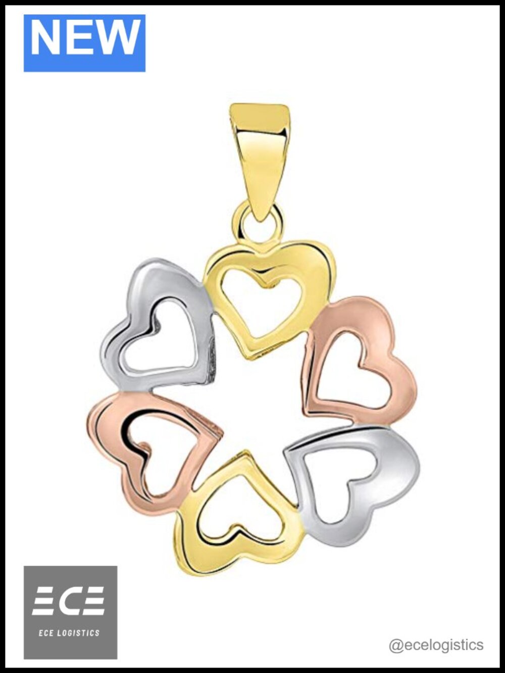 14K Tri-Color Gold Heart Charm Pendant Love Necklace